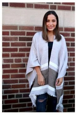 Panache Accessories Stripe Knit Cape Wrap Pashmina Shawl Top Stitch Gray/Olive