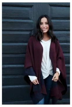 Panache Accessories Reversible Knit Cape Wrap Pockets Pashmina Shawl Navy/Maroon