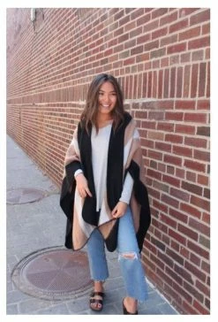 Panache Accessories Stripe Knit Cape Wrap Pashmina Shawl Top Stitch Black/Tan