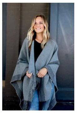 Panache Accessories Gray Stripe Knit Cape Wrap Pashmina Shawl Poncho Fringe