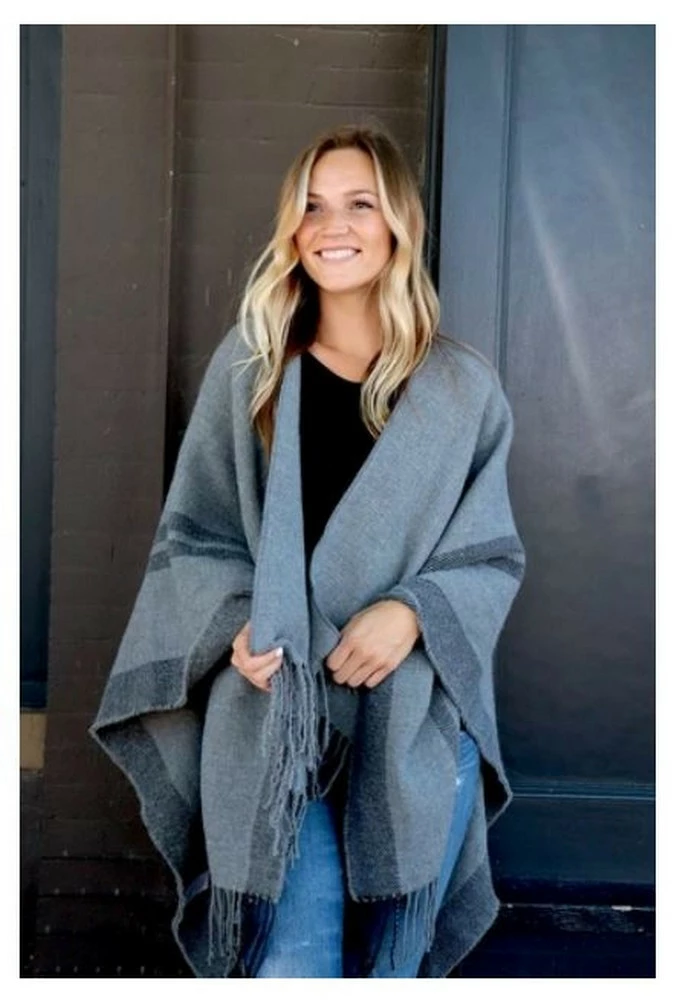 Panache Accessories Gray Stripe Knit Cape Wrap Pashmina Shawl Poncho Fringe 3 Panache Accessories Gray Stripe Knit Cape Wrap Pashmina Shawl Poncho Fringe
