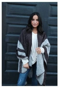 Panache Accessories Stripe Knit Cape Wrap Pashmina Shawl Top Stitch Burgundy