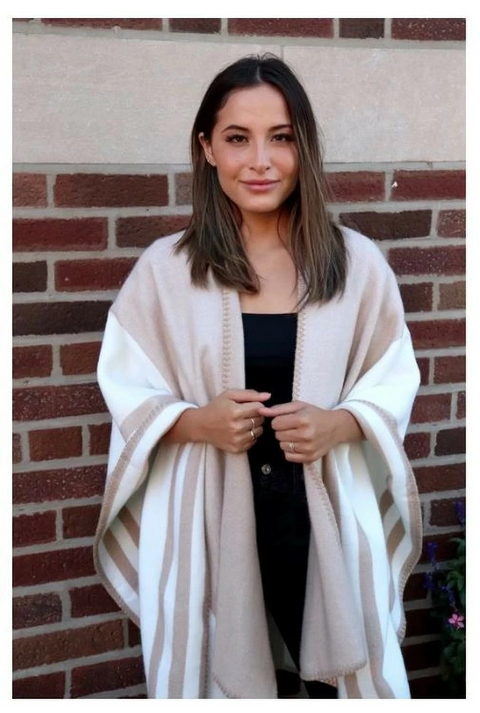 Panache Accessories Stripe Knit Cape Wrap Pashmina Shawl Top Stitch Tan/White 4 Panache Accessories Stripe Knit Cape Wrap Pashmina Shawl Top Stitch Tan/White - Image 2