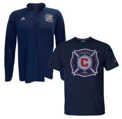 Adidas Men's MLS Chicago Fire (2 Pack) Soccer L/S ¼ Zip & S/S Tee T-Shirt (L)