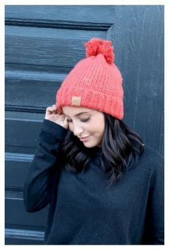 Panache Women's Speckled Cable Knit Hat Cap Crown Tag Fleece Lined Pom Orange