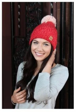 Panache Women's Knit Hat Cap Princess Crown Tag Accent Fleece Lined Pom Red