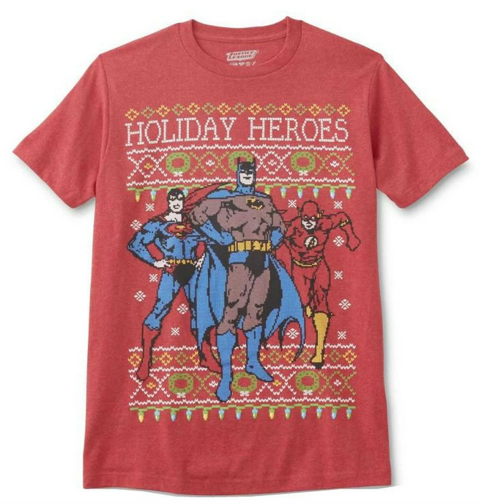DC Comic Justice League Batman Holiday Heros Tee T-Shirt Adult REX-BATMANHOLIDAY 3 DC Comic Justice League Batman Holiday Heros Tee T-Shirt Adult REX-BATMANHOLIDAY