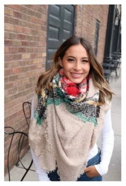 Panache Accessories Fuzzy Blanket Scarf Scarves Shall Fringe 58"x64" Tan Plaid