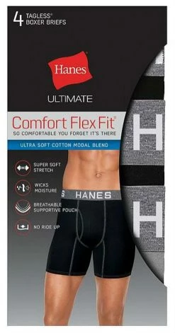 Hanes Mens Ultimate Comfort Flex Fit Boxer Briefs Underwear (4 Pk) Black/Gray