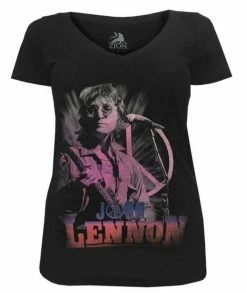 John Lennon Women's Pink Peace Guitar V-Neck Tee T-Shirt Black ZRJL1016